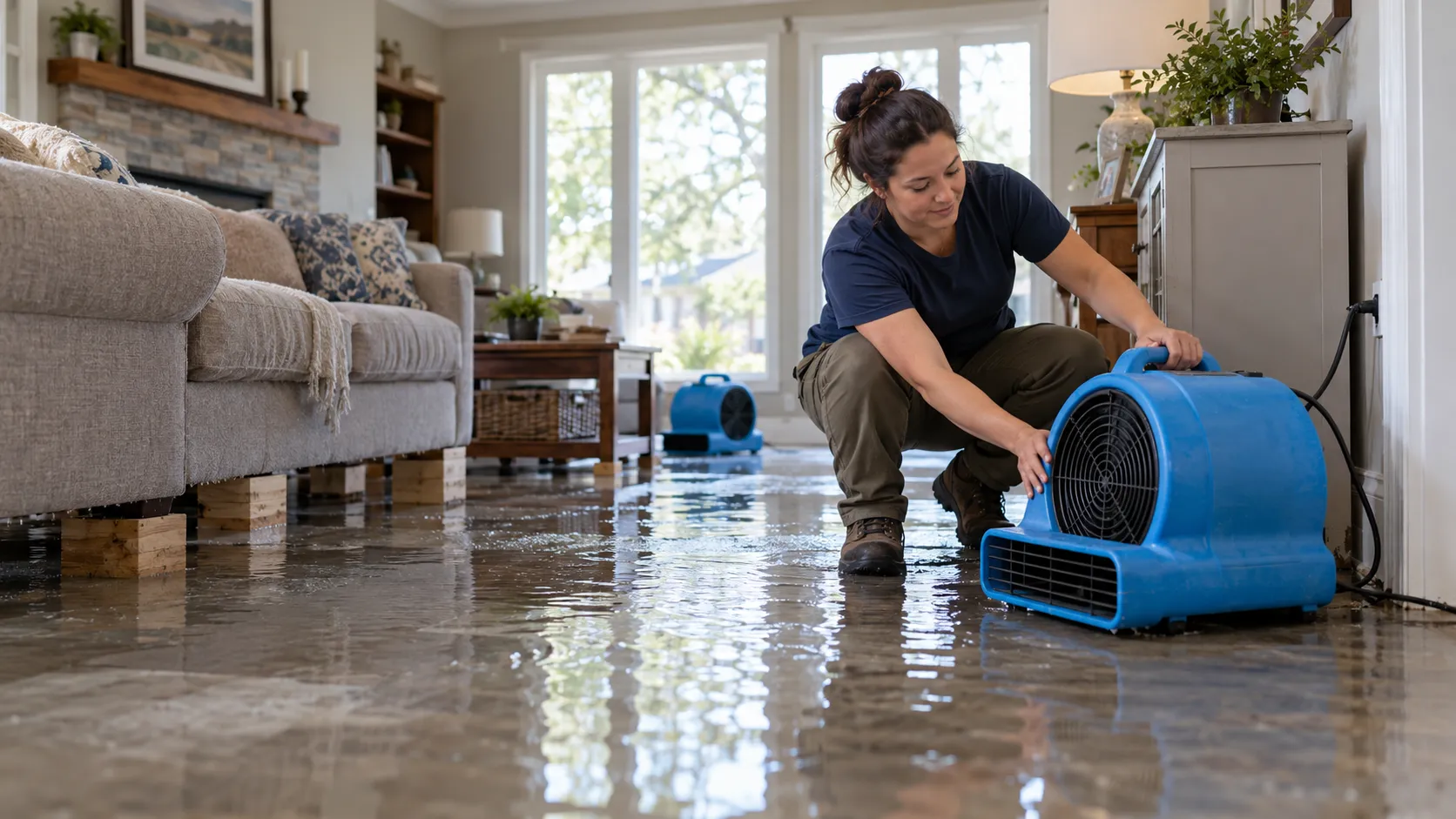 Water damage restoration technician drying a flooded living room in Nashville